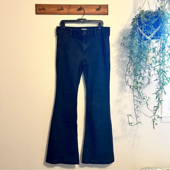 Express Denim - Express Black Bell Flare Mid Rise Jeans with Lurex Detail Size 14 Long